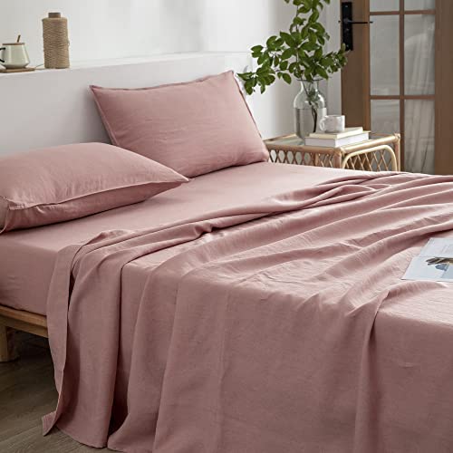 EVERLY Linen California King Sheets Set, 100% Stonewashed French Linen Bed Sheets Deep Pocket Sheets, 4 Pieces (1 Flat Sheet, 1 Fitted Sheet, 2 Pillowcases) Natural Flax Bedding Set-Pink