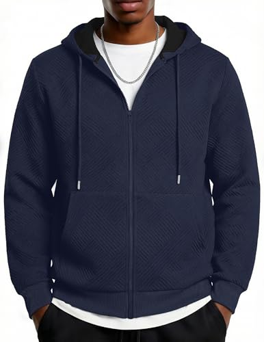 COOFANDY Mens Zip Up Hooded Sweatshirt Casual Long Sleeve Hoodies Fashion Drawstring Sweatshirts With Pocket, Navy Blue, Large