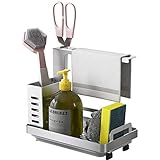 LSK Kitchen Sink Caddy Organizer Stainless Steel Sponge Soap Brush Holder with Drain Pan Tray for Countertop Wall Mounted Kitchenware (Silver)