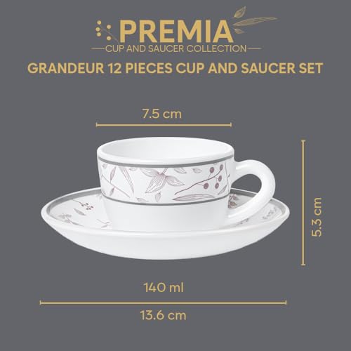 Image of Larah by BOROSIL 140ml Opalware Grandeur Tea /Coffee 6pc Cup & 6pc Saucer Set, Microwave & Dishwasher Safe Embossed Design Crockery Set Ideal for Daily Use & Gifting