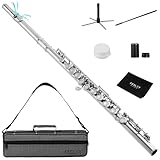 Fesley C Flutes Closed Hole, 16 Keys Flute Instrument, Offset G, Split E, Student Flute for Beginners with Cleaning Kit, Case, Stand, Joint Grease, Tuning Rod, Nickel