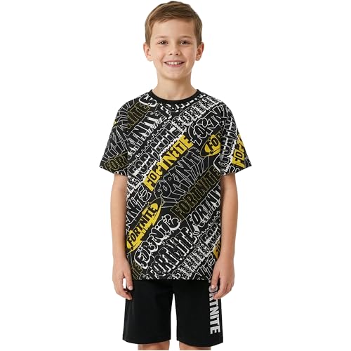 Fortnite Pijama Niño 7 14 Años, Pijama Corto Infantil 2 Piezas, Camiseta Manga Corta y Shorts, Algodón Conjunto Niño Verano, Regalo Gamer (13 14 Años, Negro/Amarillo, 1 Paquete)