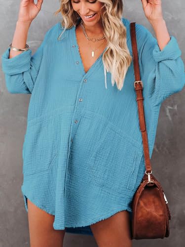 Women's Summer Long Sleeve Beach Cover-ups Casual Button Down Dresses Shirt Oversized Tunic Dress with Pocket3