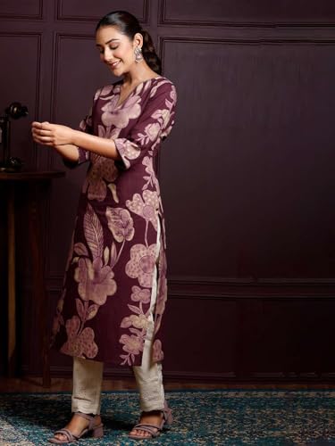 Image of Rimeline Women's Cotton Floral Printed Kurta with Notch Neck Detail | Straight Fit Ethnic Wear for Office, Casual & Everyday Styling