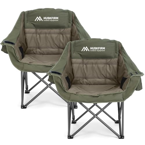 Huskfirm 2 Pack Camping Chairs Oversized Padded Camping Chair Heavy-Duty Foldable Camping Chairs with Cup Holder and Cooler Bag Portable Lawn Chair for Sports Outdoors-Support 450LBS,Green