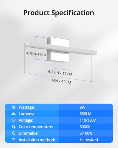 Image of Combuh Dimmable Vanity Light Bar, 9W Over Mirror Lighting Fixture Wall Sconce Indoor, IP44 Modern Cool White 6000K Chrome Lamp Bathroom,16Inch