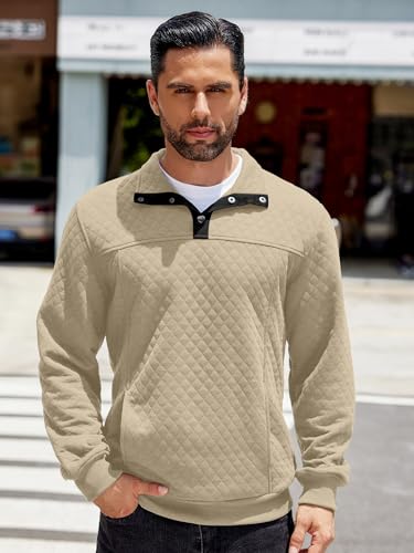 Image of COOFANDY Mens Quarter Sweatshirt Quilted Long Sleeve Mock Neck Active Sweater Waffle Pullover Polo Shirts With Pockets