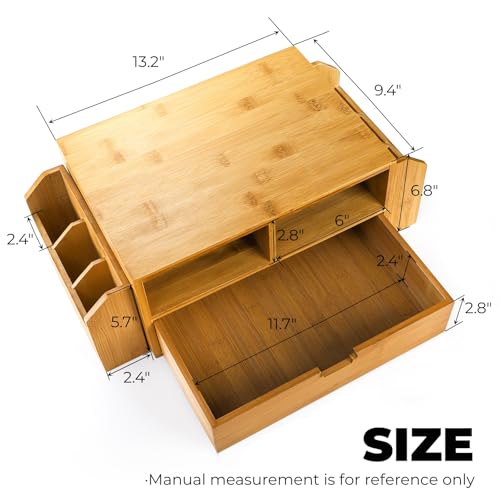 Hiceeden 2 Tier Bamboo Desktop Organizer, Desk Monitor Stand Riser with 1 Drawer and 2 Pen Holder, 2 Compartment Computer Desk Storage Organizer for Laptop, Printer, iMac