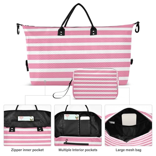 Pink and White Stripe Travel Duffle Bag,Large Weekender Travel Bag for Women Men Waterproof Luggage Bag with Trolley Sleeve,Airplane Travel Essentials for Flying2