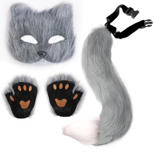 Furry Costume Wolf Costume for Girls Adult Kids Includes Fox Tail Plush Mask and Plush Paw Gloves Perfect for Halloween Costume Parties Christmas Events(Grey)