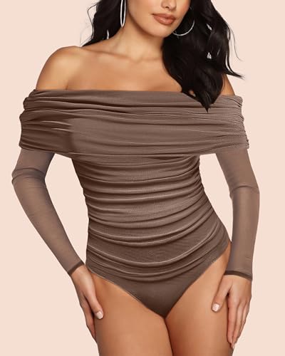 SAUNGKUAI Women's Off The Shoulder Long Sleeve Bodysuit Sexy Slimming Body Suit Tops Sheer Mesh Ruched Fall Outfits 20252