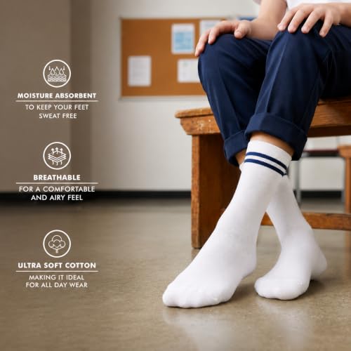 Image of Supersox Regular School Uniform Socks for Kids | White with Navy Stripe | Combed Cotton, Breathable, Moisture Absorbent & Anti Odour | Extra Durable Welt for All-Day Comfort | Pack of 5