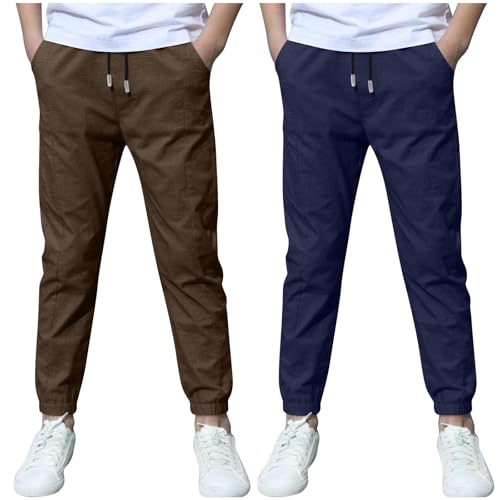 KODMNSW 2er Pack Hosen Jungen Baumwolle Leinen Hose Dünn Sommerhose Robust Arbeitshose Leinenhose Haremshose Einfarbig Outdoorhose Freizeithose 3-13 Jahre Braun 4 Jahre