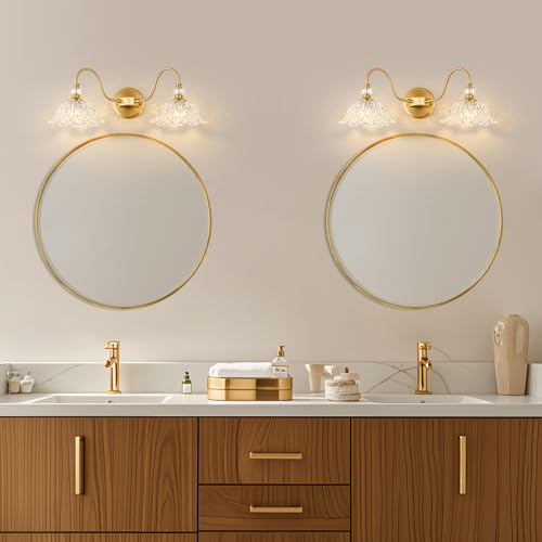 Image of Gold Bathroom Vanity Light, 2-Light Brushed Gold Finish Vanity Light with Floral Clear Glass Shades, Retro Wall Mount Lighting for Bathroom, Dressing Table