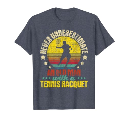 Never Underestimate an Old Man - Tennis Racket Sports Lover T-Shirt, Men, Heather Blue, Large