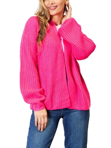 Women's Casual Cardigan Rib-Knit Open-Front Solid Color Cardigan Hot Pink