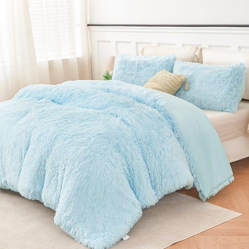 PERFEMET Fluffy Twin Comforter Set Girls Light Blue Faux Fur Shaggy Bedding