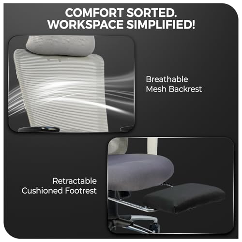 Image of CELLBELL Ergoglide FT Ergonomic Mesh Office Chair with Footrest Fixed Headrest Lumbar Armrests Synchro Tilt 3 Lock Class 3 Hydraulic Chrome Base 60mm Wheels High Back Work Chair (White)
