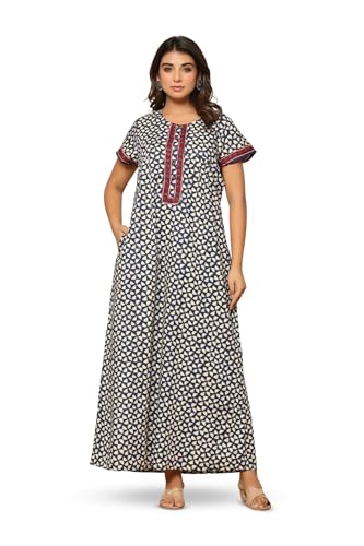 Image of NIHSAMAH Cotton Nighty for Women with Pocket, Premium Printed Long Nighty | Comfortable & Fancy Sleepwear /Nightwear