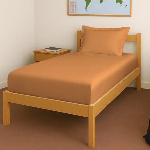 Image of Pizuna 100% Cotton Fitted Bedsheet Single Bed 400 Thread Count Long Staple Cotton Sateen Fitted Bedsheet 40x78 Inch with 1 Pillow Cover, Apricot Orange Elastic Fitted Bedsheets Single Bed fits 12 Inch
