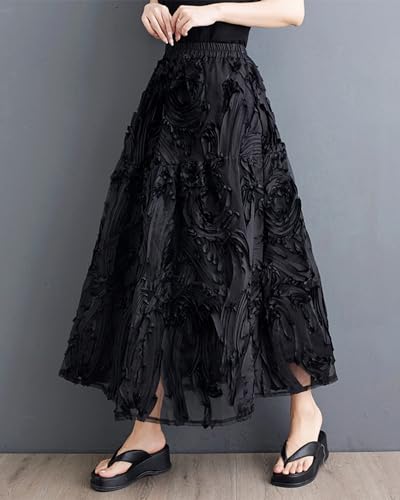 ellazhu Women's Skirt Pleated Loose Tulle A-line Summer GZ206 A2