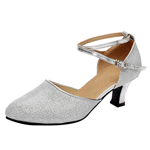 Chaussures à talon bas argentées T36 avec sangle de cheville pailletée pour femme