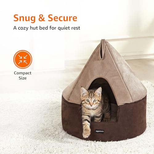 Image of Amazon Basics Pet Bed Cave | Soft & Warm Indoor Tent Bed for Cats, Kittens & Small Dogs | Foldable with Removable Cushion | Light Taupe & Coffee | Diameter 45 cm, Height 45 cm