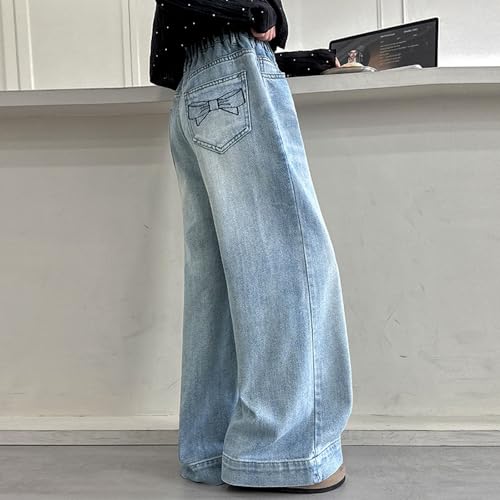 Girl's Bow Print Baggy Jeans Elastic Waist Pull On Denim Pants Straight Wide Leg Jeans for Teen Girls 6-12 Years3