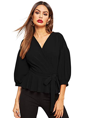 SheIn Women s Lantern 3 4 Sleeve V Neck Ruffle Blouse Tie Waist Wrap Peplum Top Black Large