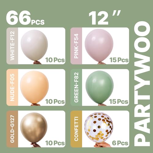 Image of PartyWoo Pink and Green Balloons 66pcs 12 Inch Metallic Gold Sand White Sage Green Nude Dusty Pink Gold Confetti Balloons for Baby Shower Wedding Engagement Princess Birthday Party Decorations