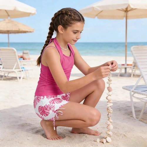 Image of Size 7-16 Years Girls Slim Fit Swimsuit 2 Piece Halterneck Tankini Swimsuit Drawstring Printed Swim Shorts