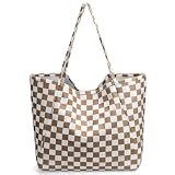 Yonsya Big Size Corduroy Tote Bags, Travel Gym Bag for Women Work Lunch Beach Grocery Shopping Shopper Handbags (Khaki Checkered)