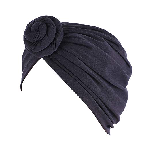 Xuan Ding Women Turban African Pattern Knot Headwrap Beanie Pre-Tied Bonnet Chemo Cap Hair Loss Hat, Black, 22-23 Inches