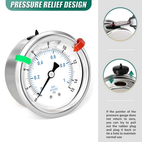 Image of 0-15psi Stainless Steel Glycerin Liquid Filled Pressure Gauge 1 /4 inch NPT 2.5 inch Face Dial Center Back Mount, for Water, Oil and Air Pressure Testing (with Range Mark Pointer)