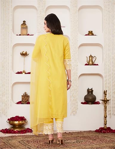 Image of Amazon Brand - Myx Women Embroidered Cotton Kurta Pant Set with Organza Dupatta (Available in Plus Sizes)