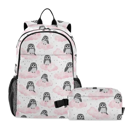Backpack Lunch Bag Set for Travel Hiking Picnic, Cartoon Owls Print Backpacks with Insulated Lunch Box