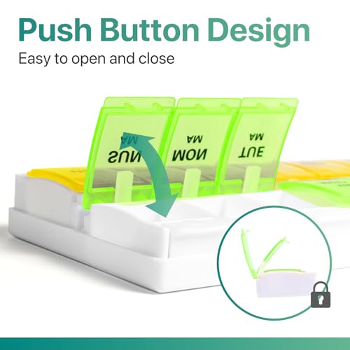Image of Sukuos AM PM Weekly Pill Organizer 7 Day, 2 Times A Day Medicine Pill Box with Easy Push Button, BPA Free Vitamin Cases for Fish Oil /Supplements, Easy to Clean (Yellow&Green)