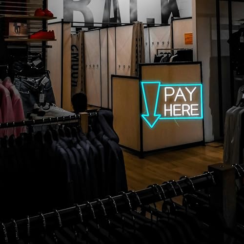 Image of Pay Here Neon Sign Bright Ice Blue White Pay Light Up Sign for Business Decor Dimmable LED Words Neon Light for Restaurant Shop Bar Neon Wall Decor (16.5 * 12.8 In)