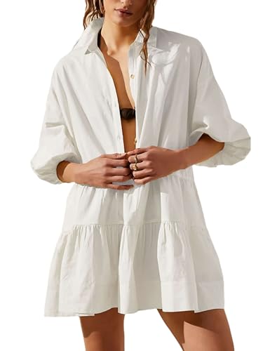 HangNiFang Women's Summer Babydoll Mini Dress Flowy Puff Sleeve T...