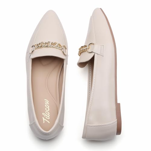 Image of Tilocow Metal Chain Loafers for Women Pointed Toe Slip on Flats Comfortable Fashion Work Shoes