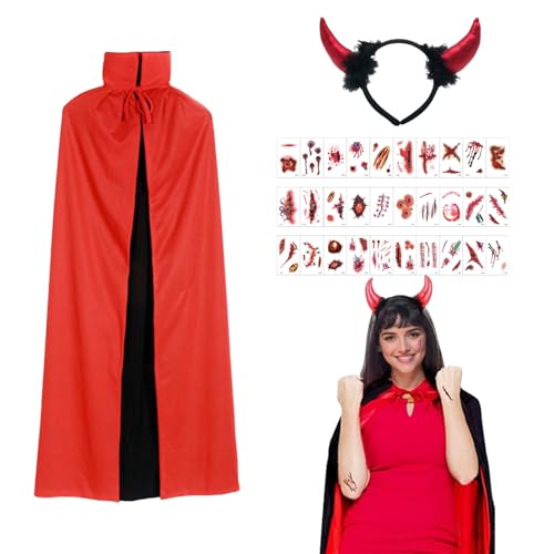 SSKHE Conjunto de capa de Halloween para mulher, disfarce de de Halloween para homem, com diadema de chifres e decalque de tatuagem de cicatriz, capa vermelha e preta para festa de Halloween (L