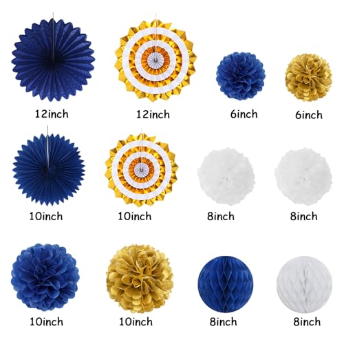 Image of Navy-Blue Gold-White Party-Decoration Graduation Banner - 14pcs Kits Cap Garland Streamers, Royal Paper Tissue Pom Poms Flowers Fans Honeycomb,Class Of 2026 College High School Grad Decor Hugfond