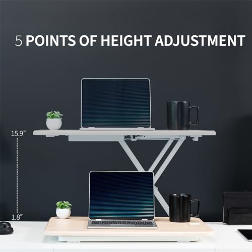 Image of VIVO Ultra-Slim Single Top Height Adjustable Standing Desk Riser, Compact Sit Stand Desktop Converter for Monitor or Laptop, Light Wood, DESK-V001JF
