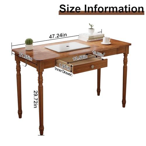 Image of 100% Solid Wooden Desk with Drawers - 47.2 inch Mid Century Modern Desk with 2 Hooks, Vintage Writing Desk with Drawers, Simple Work Study Table for Bedroom & Home Office - Walnut Color