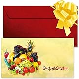 GESCHENKGUTSCHEINcom - 10 Blanko Gutscheine mit Umschlag & Schleife - Formulare mit Motiv für Obst-Geschäft Gemüse-Geschäft Handel OG12022-10-V1