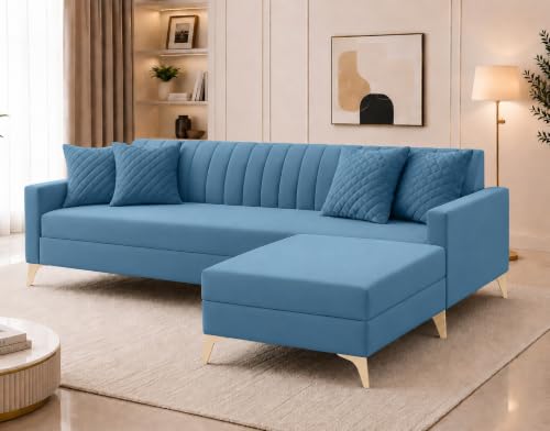 Image of AMATA Marino Sofa Set with Two Cushions Perfect for Home Office Guests Living Room (Falcon Sky Blue 01, Falcon 4 Seater l Shape)