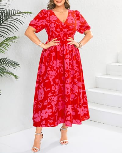Image of Pinup Fashion Plus Size Wedding Guest Chiffon Semi Formal Maxi Dress | Chiffon, V-neckline, short sleeves, shirred waist, textured floral pattern, maxi length, versatile for all seasons