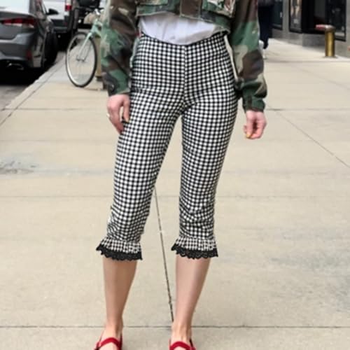 Womens Gingham Capri Pants High Waisted Skinny Fit Lace Cuffs Plaid Short Pants Summer Capris Leggings4