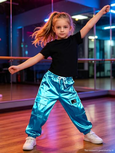 Image of SANGTREE Girls Shiny Hip Hop Outfits,Crop Top Cargo Joggers,4T‑14Y