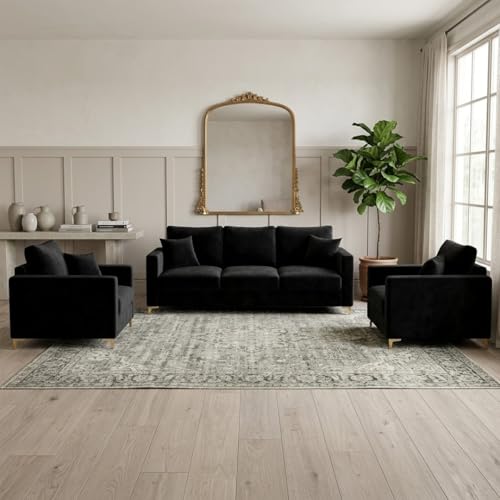 Image of Hayes Rich Velvet Suede 3+1+1 Seater Sofa Set | Golden Aesthetic Legs | Soft Touch Comfort | 5 Person Seating | Modern Living Room Set (Black)